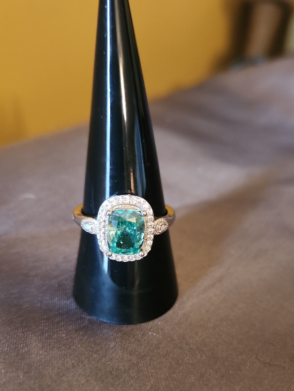 Cushion-Cut "Forest Reign Ice" CZ, White Frost CZ, Opal Halo Ring in Sterling